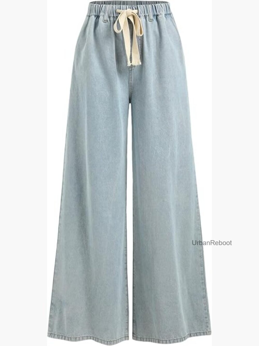 Drawstring Baggy Wide Leg Jeans High Waisted Pull On Denim Pants with Pockets - Picture 1 of 5
